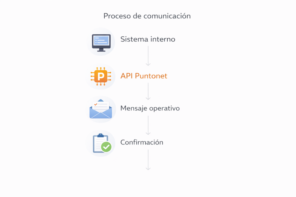 Proceso de comunicación en envíos masivos con API Puntonet desde sistema interno hasta confirmación